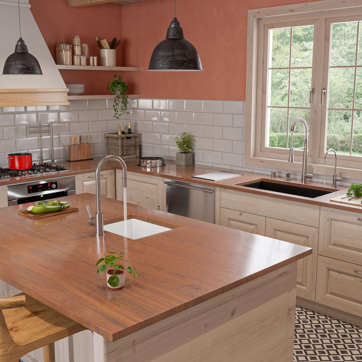 Alfi 32" Dual Mount Fireclay Workstation Kitchen Sink - ABFS3219SUD displayed in a modern kitchen with wooden countertops.