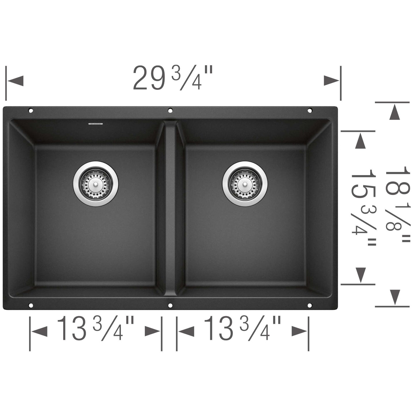 BLANCO Precis SILGRANIT 29" 50/50 Double Bowl Undermount Kitchen Sink dimensions and measurements