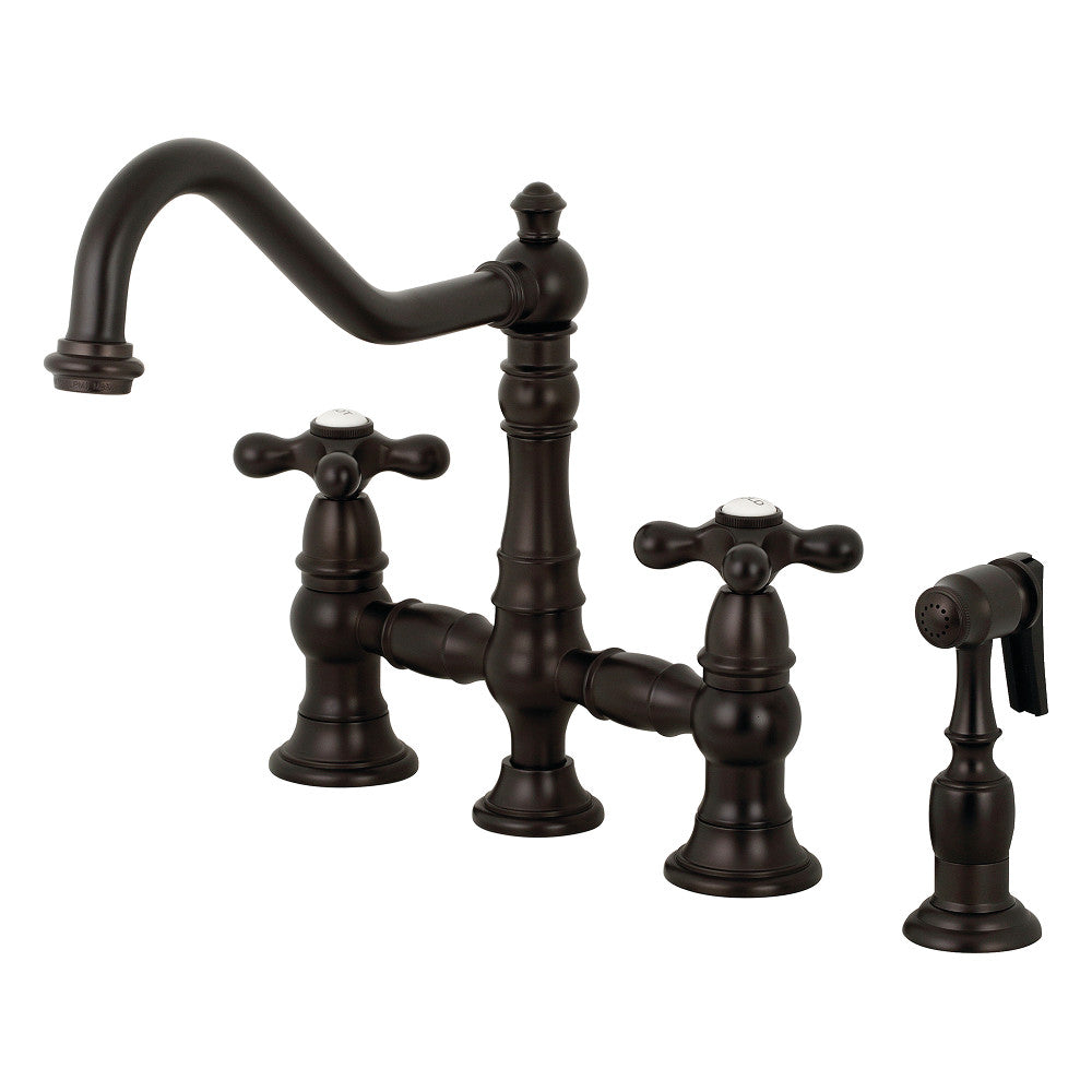 Kingston KS3277AXBS Restoration Bridge Kitchen Faucet with Brass Sprayer, Brushed Brass in Oil Rubbed Bronze finish.