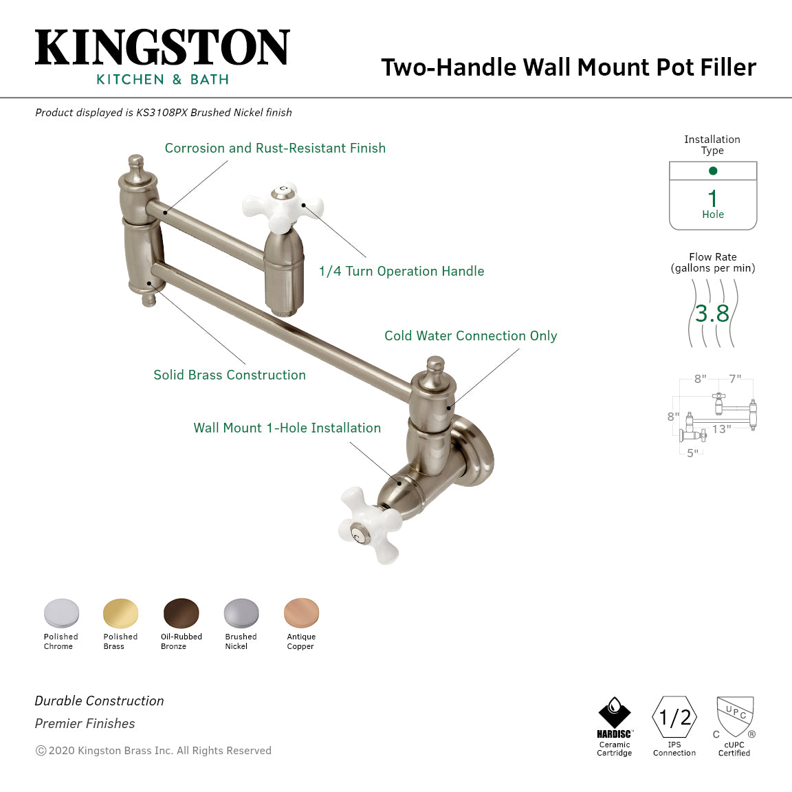 Kingston Brass KS310PXAC Restoration Wall Mount Pot Filler Faucet, Antique Copper with corrosion-resistant finish