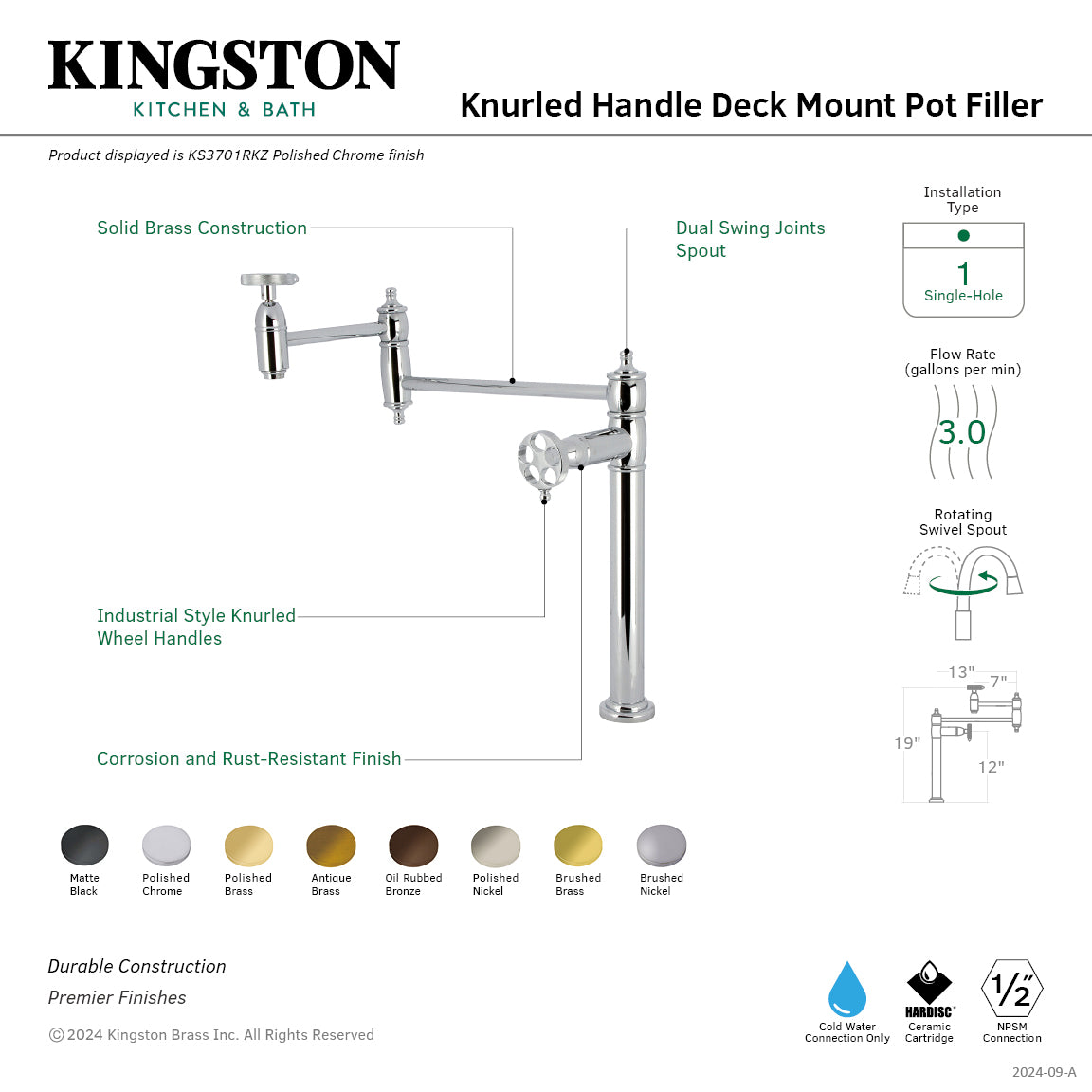 Kingston Brass KS3703RKZ Wendell Deck Mount Pot Filler Faucet with Knurled Handle, Antique Brass