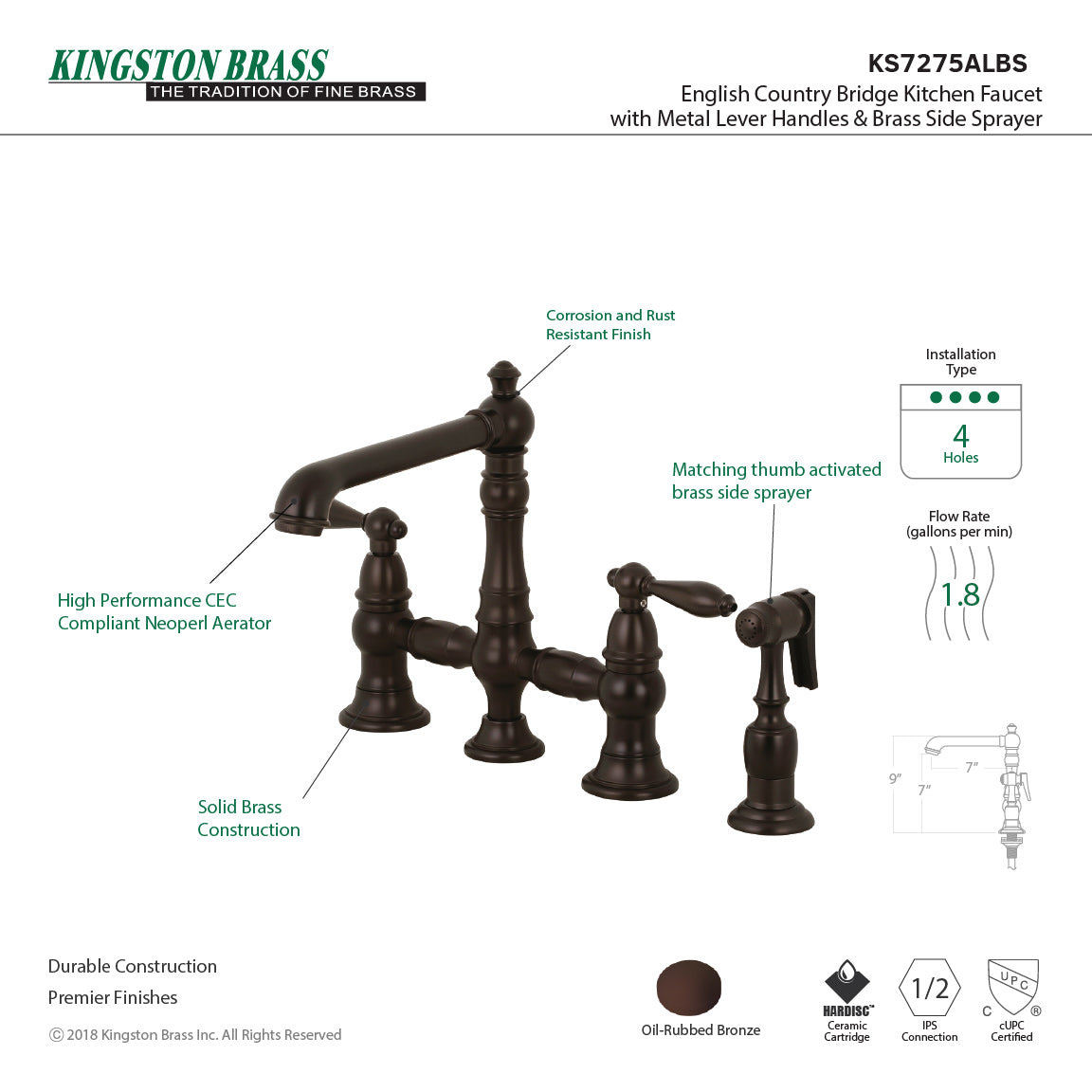 Kingston KS7277ALBS English Country Bridge Kitchen Faucet with Brass Sprayer, Brushed Brass detail image showing design features