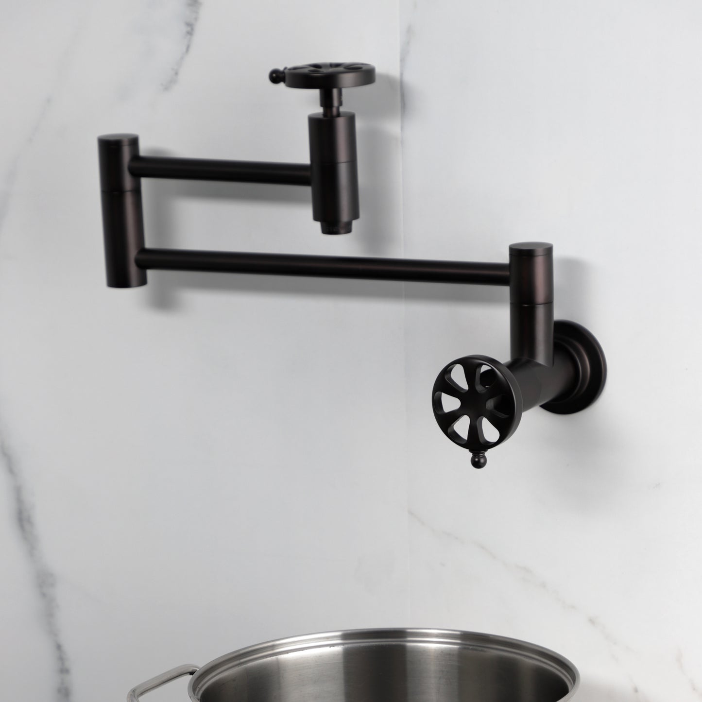 Kingston Brass KS8103RX Belknap Wall Mount Pot Filler Faucet, Antique Brass on modern kitchen wall