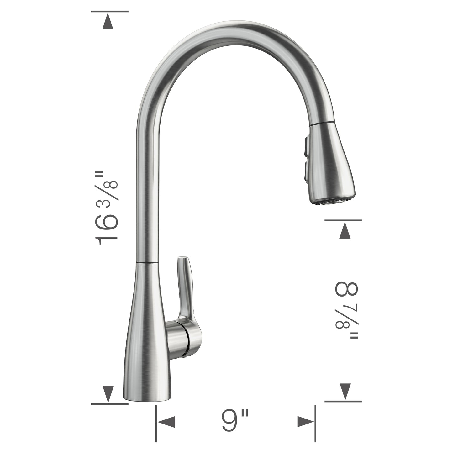 BLANCO Atura Pull-Down Dual-Spray Kitchen Faucet dimensions showing 16.38 inches height and 9 inches depth.