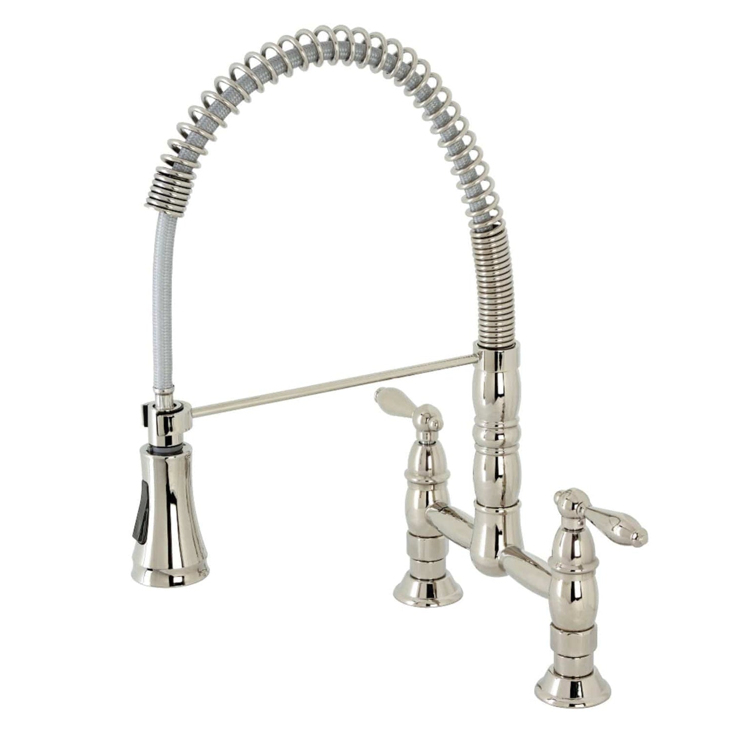 KINGSTON Brass Gourmetier Heritage Two-Handle Kitchen Faucet - Polished Nickel with pull-down sprayer