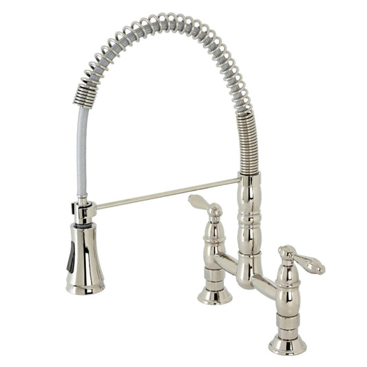 KINGSTON Brass Gourmetier Heritage Two-Handle Kitchen Faucet - Polished Nickel with pull-down sprayer