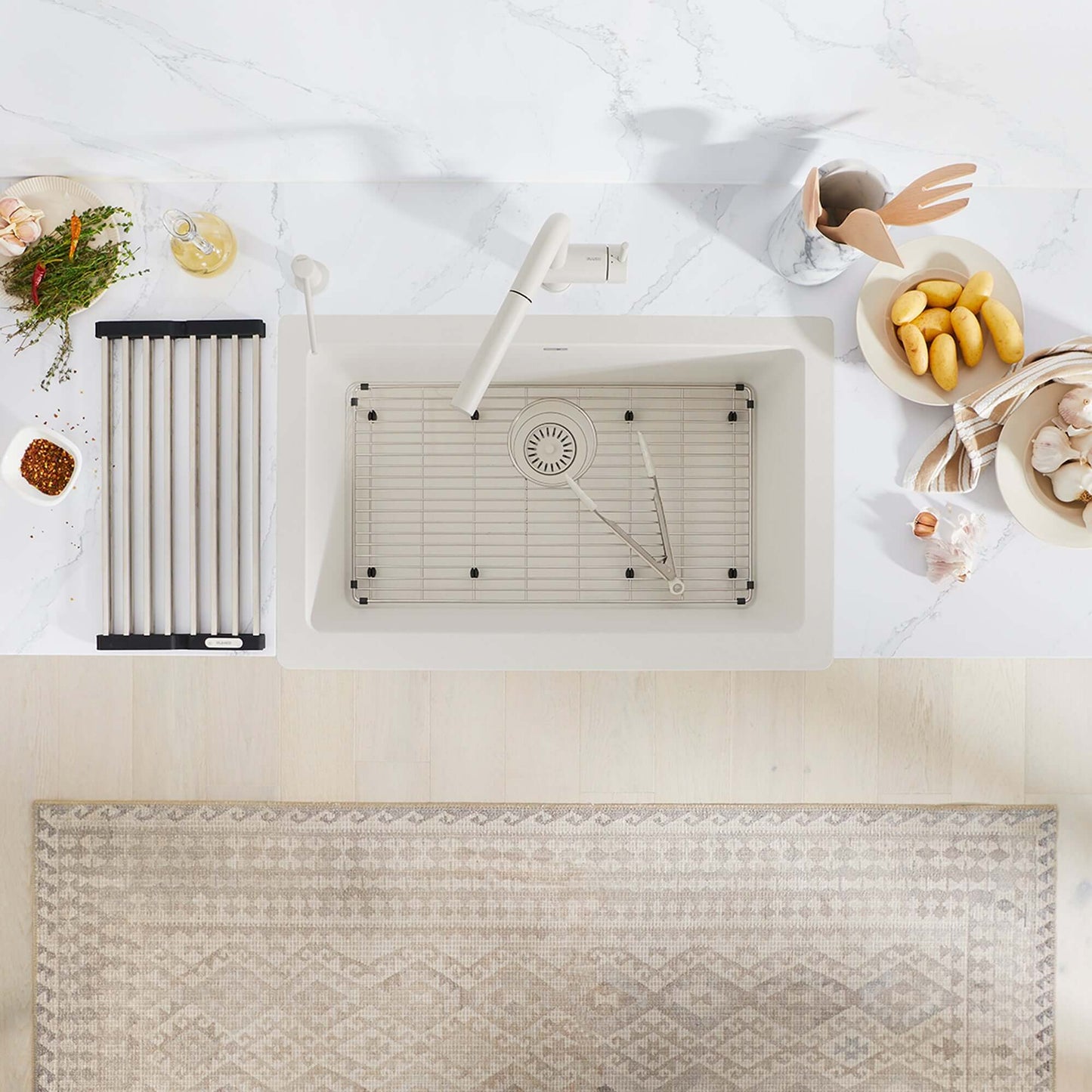 BLANCO VINTERA 30" SILGRANIT Single Bowl Farmhouse Sink with accessories and modern kitchen decor.