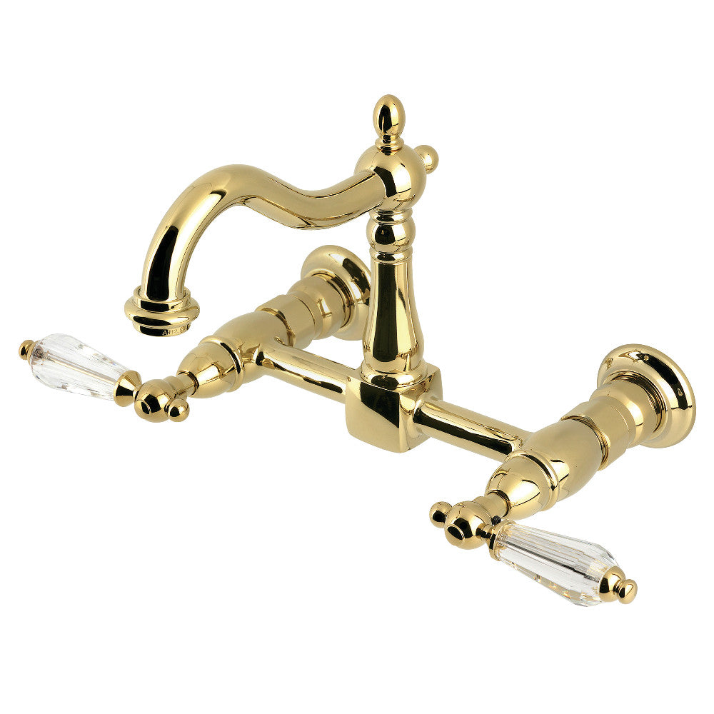 Kingston KS1263WLL Willshire Two-Handle Wall Mount Bridge Kitchen Faucet, Antique Brass with elegant detailing and polished finish.