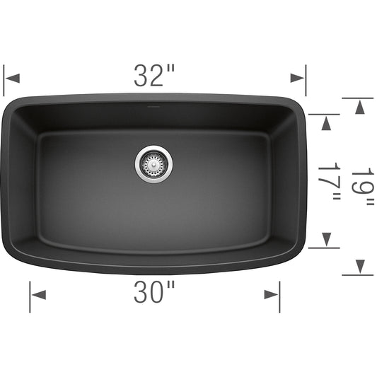 BLANCO Valea SILGRANIT 32" Super Single Undermount Kitchen Sink with dimensions 32 x 30 inches, featuring a sleek design.