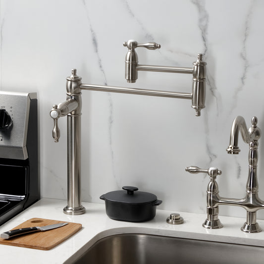 Kingston Brass KS3708TAL Tudor Deck Mount Pot Filler Faucet, Brushed Nickel installed in a modern kitchen.