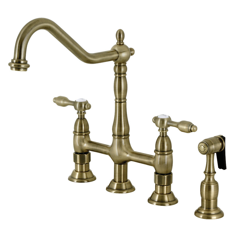 Kingston KS1273TALBS Tudor Bridge Kitchen Faucet with Brass Sprayer, Antique Brass in a vintage style.