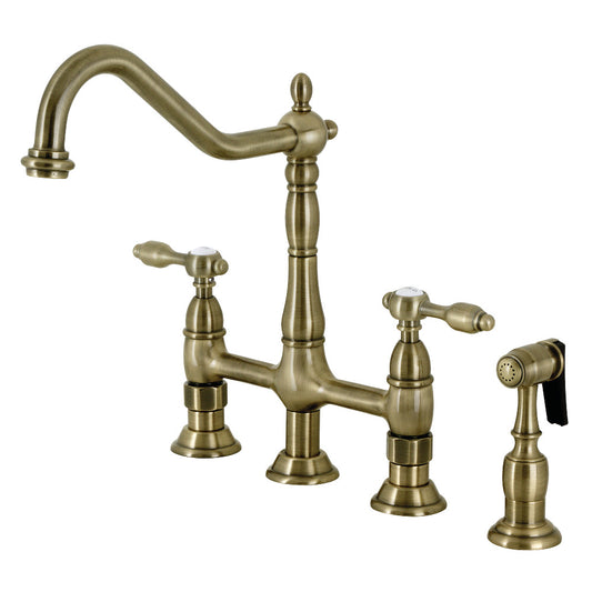 Kingston KS1273TALBS Tudor Bridge Kitchen Faucet with Brass Sprayer, Antique Brass in a vintage style.