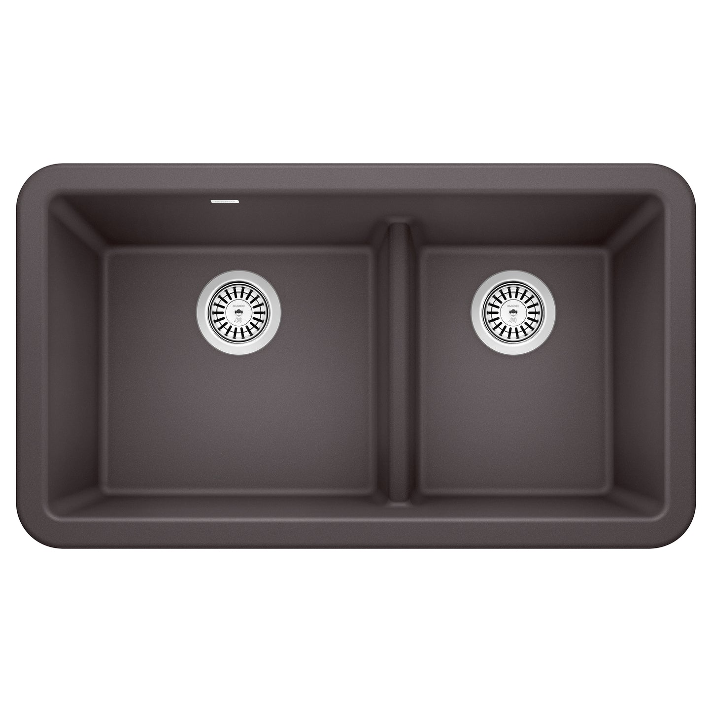 BLANCO Ikon SILGRANIT 33" Double Bowl Apron-Front Farmhouse Sink with Low Divide overhead view.