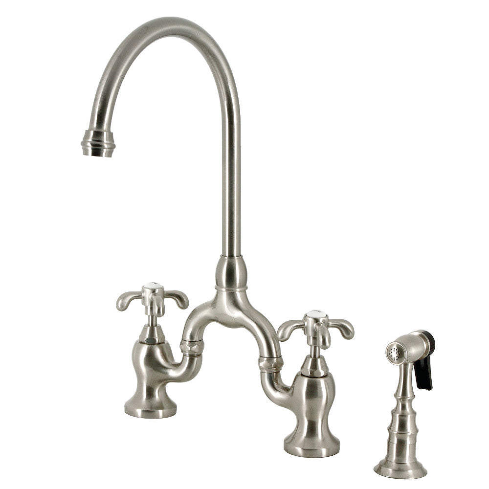 Kingston KS7793TXBS French Country Bridge Kitchen Faucet with Brass Sprayer, Antique Brass in brushed nickel finish.
