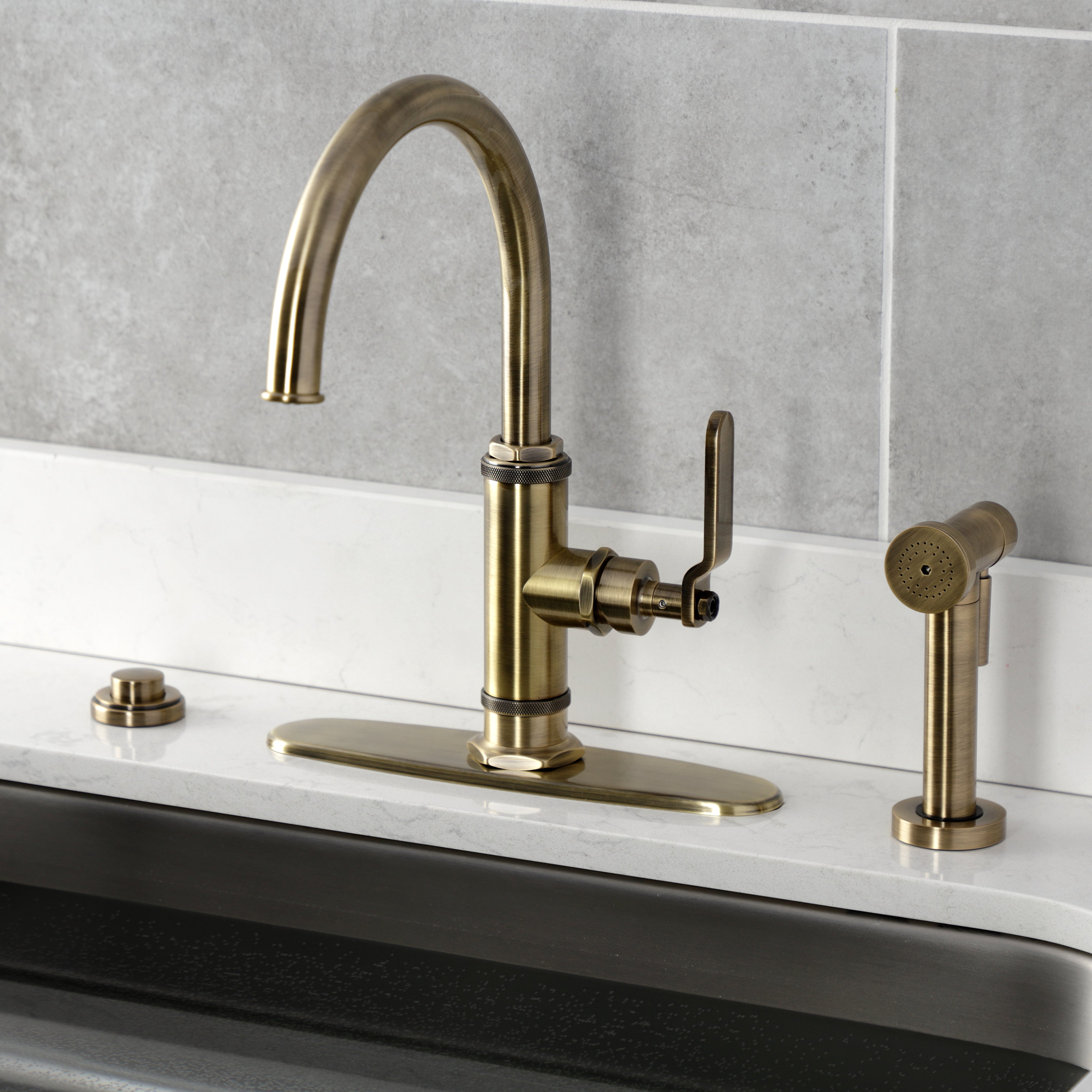 Kingston Brass KS2433KL Whitaker Single-Handle Kitchen Faucet with Brass Side Sprayer, Antique Brass