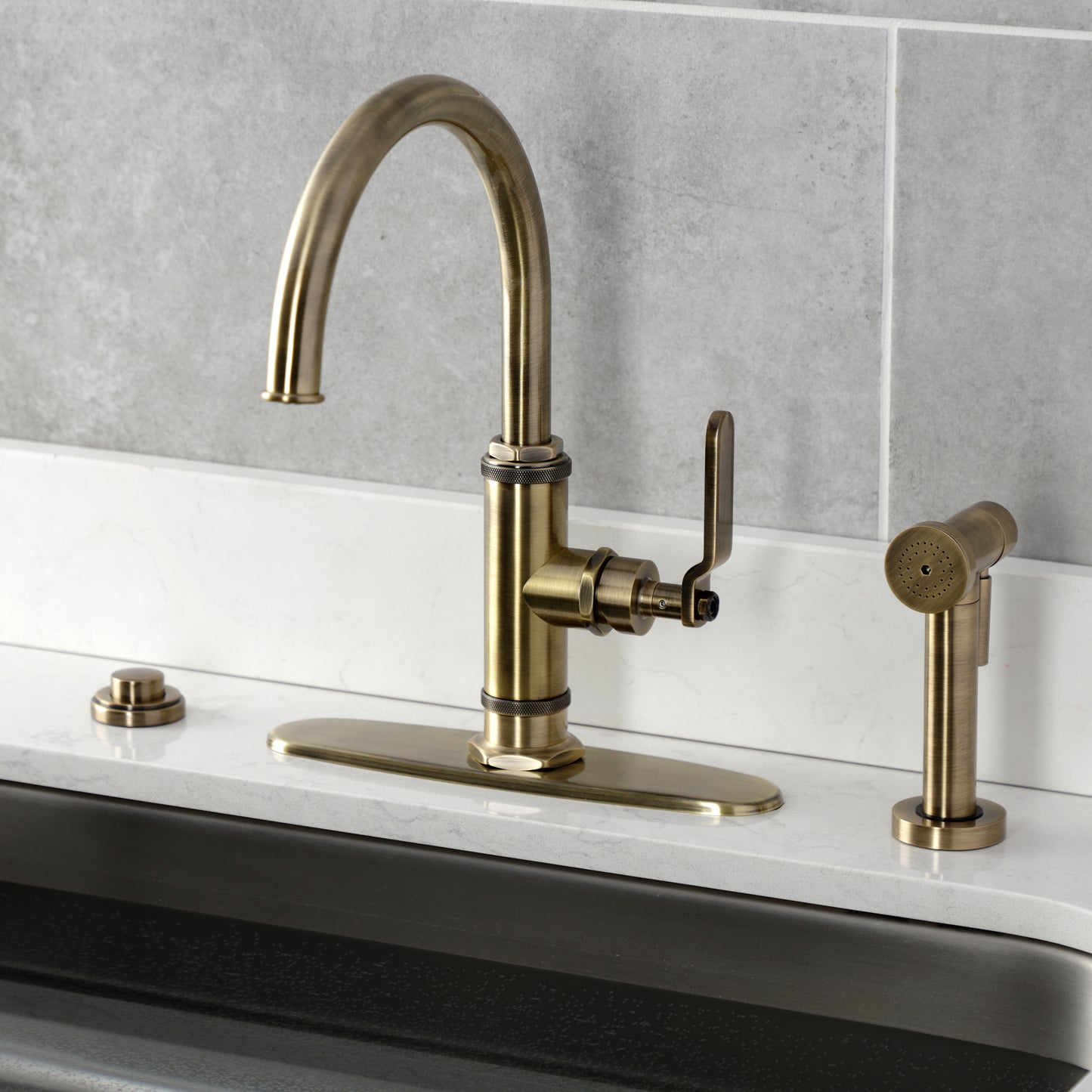 Kingston Brass KS2433KL Whitaker Single-Handle Kitchen Faucet with Brass Side Sprayer, Antique Brass