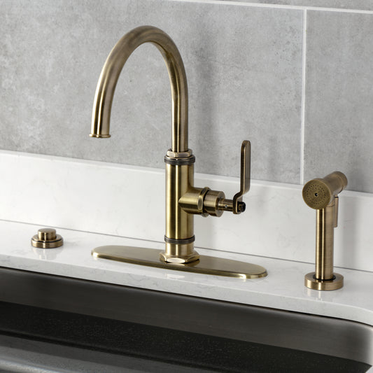 Kingston Brass KS2433KL Whitaker Single-Handle Kitchen Faucet with Brass Side Sprayer, Antique Brass