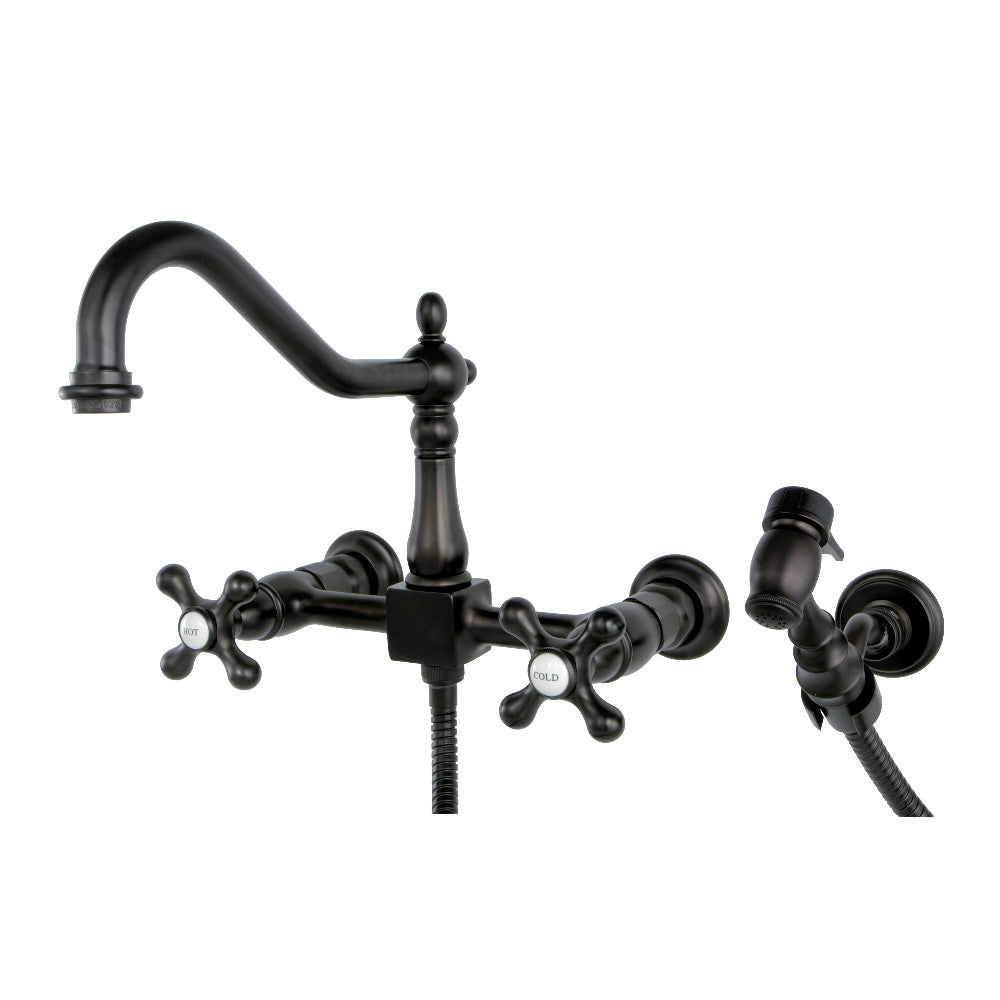 Kingston KS1243AXBS Heritage Two-Handle Wall Mount Bridge Kitchen Faucet with Brass Sprayer, Antique Brass
