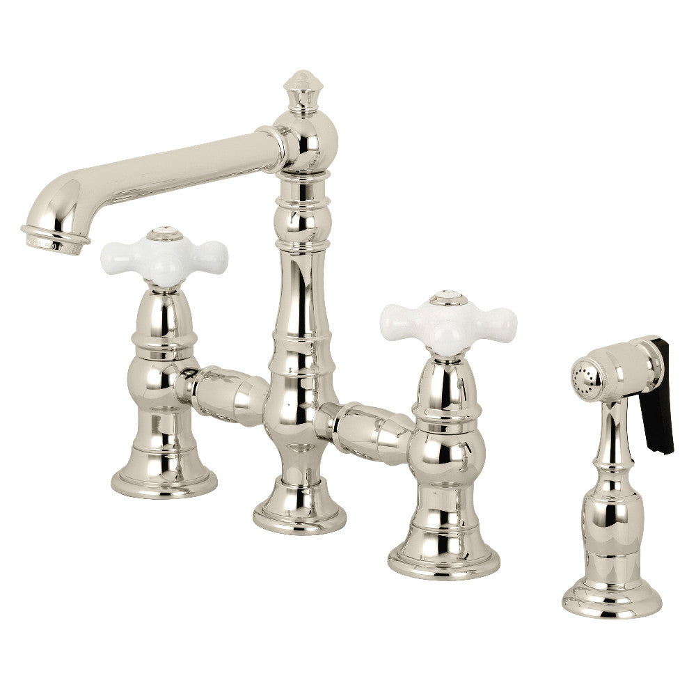Kingston KS7277PXBS English Country Bridge Kitchen Faucet with Brass Sprayer, Brushed Brass detail view