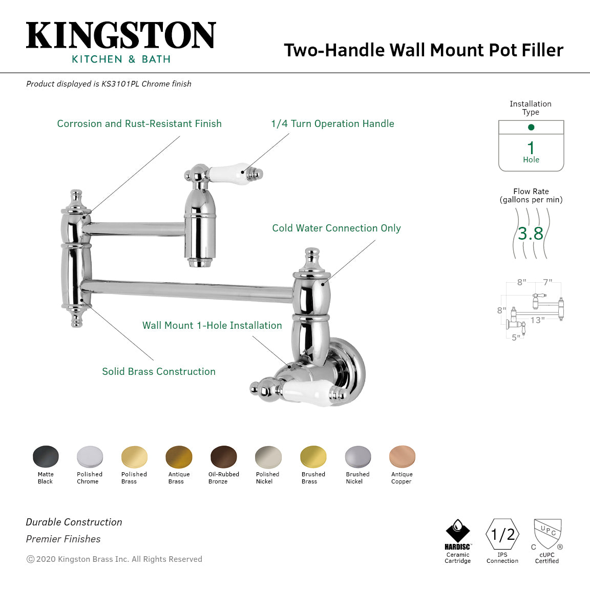 Kingston Brass KS3103PL Restoration Wall Mount Pot Filler Faucet, Antique Brass displayed with chrome finish features.