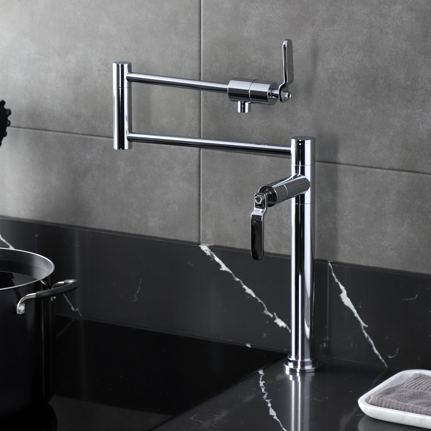 Kingston Brass KS4703KL Whitaker Deck Mount Pot Filler Faucet, Antique Brass in a modern kitchen setting.