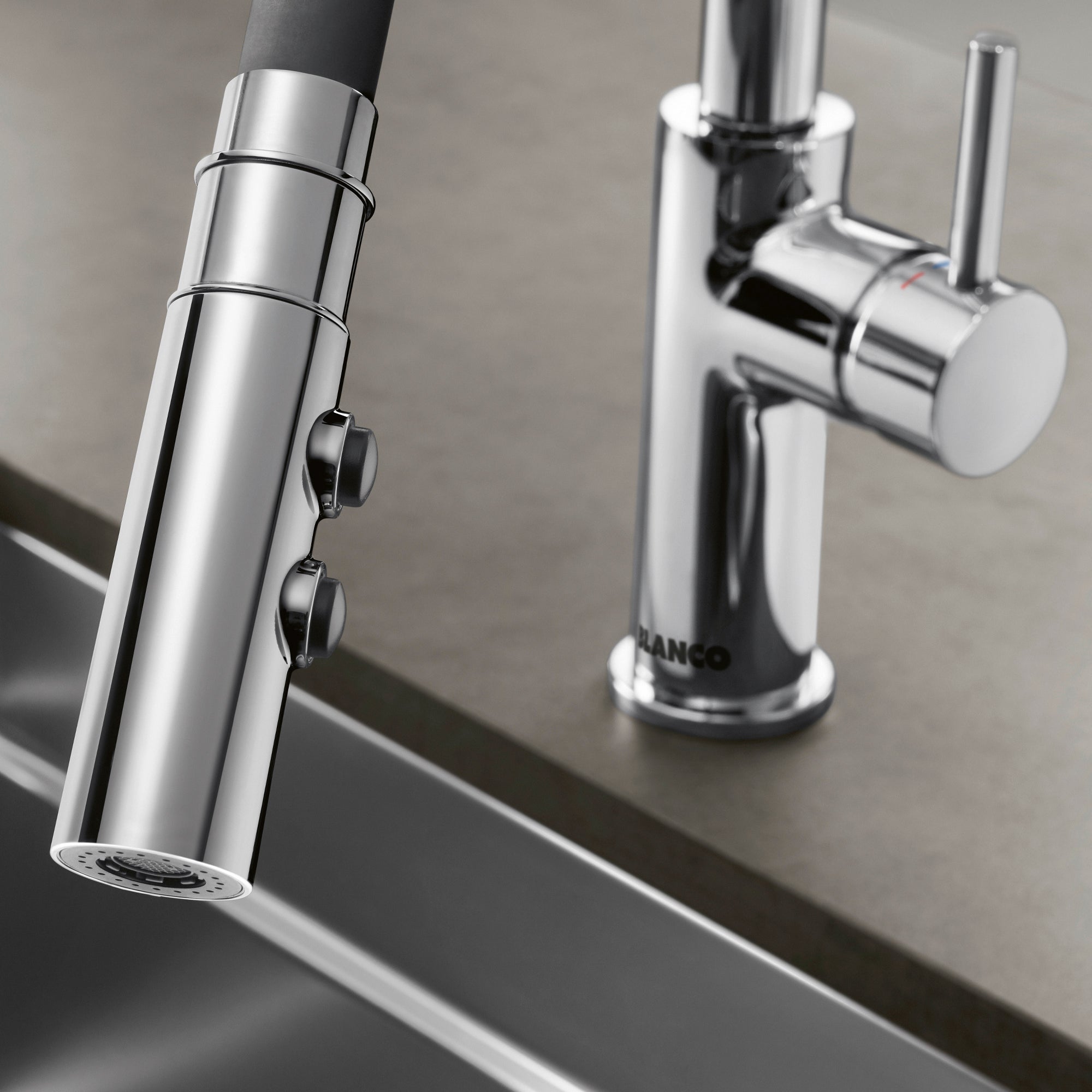 BLANCO Catris Flexo Semi-Pro Pull-Down Dual-Spray Kitchen Faucet with sleek chrome finish and ergonomic controls
