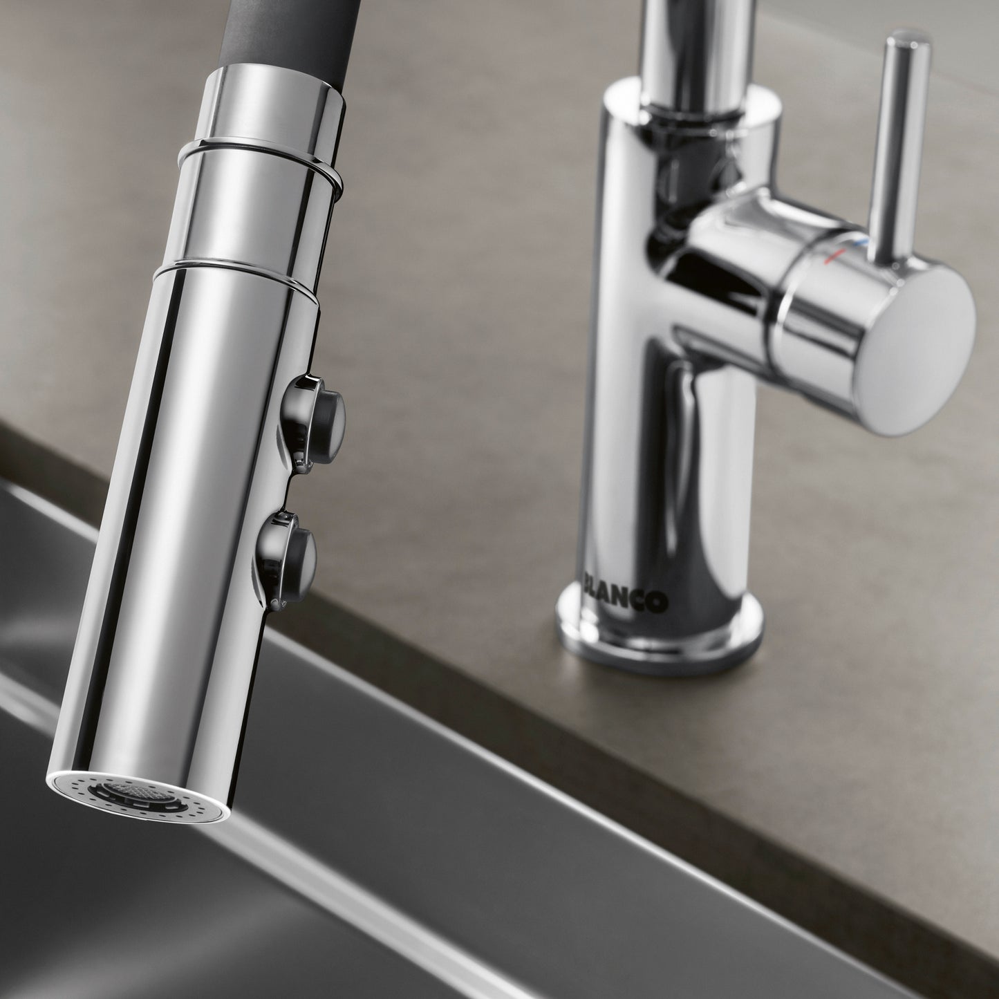 BLANCO Catris Flexo Semi-Pro Pull-Down Dual-Spray Kitchen Faucet with sleek chrome finish and ergonomic controls