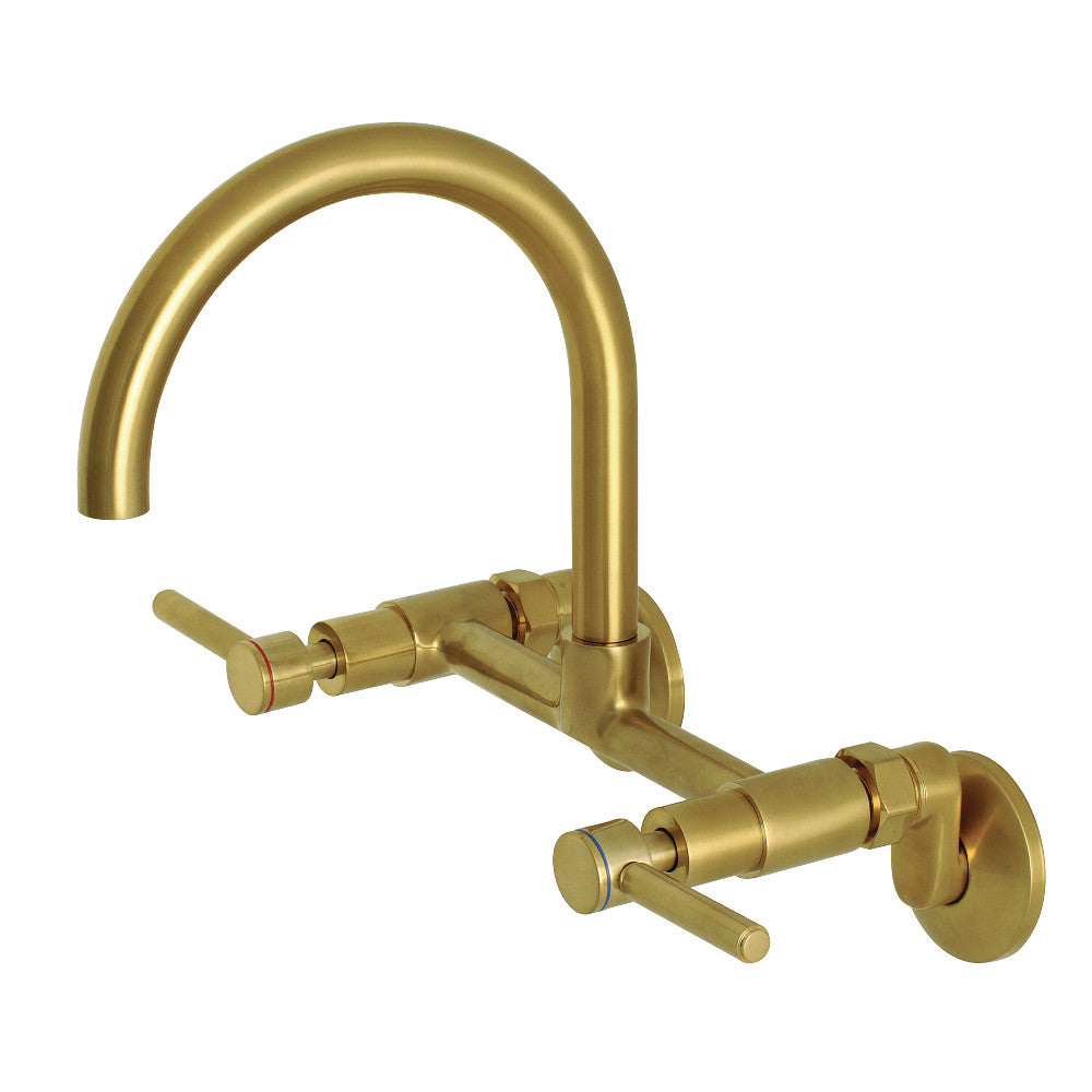 Kingston Brass KS814SB Concord Wall Mount Bridge Kitchen Faucet in a brushed gold finish with gooseneck design.