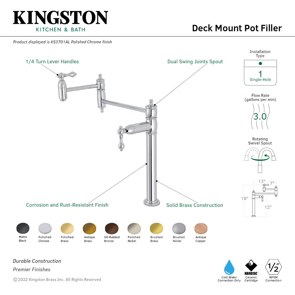Kingston Brass KS3703AL Restoration Deck Mount Pot Filler Faucet, Antique Brass with dual swing joints spout and lever handles