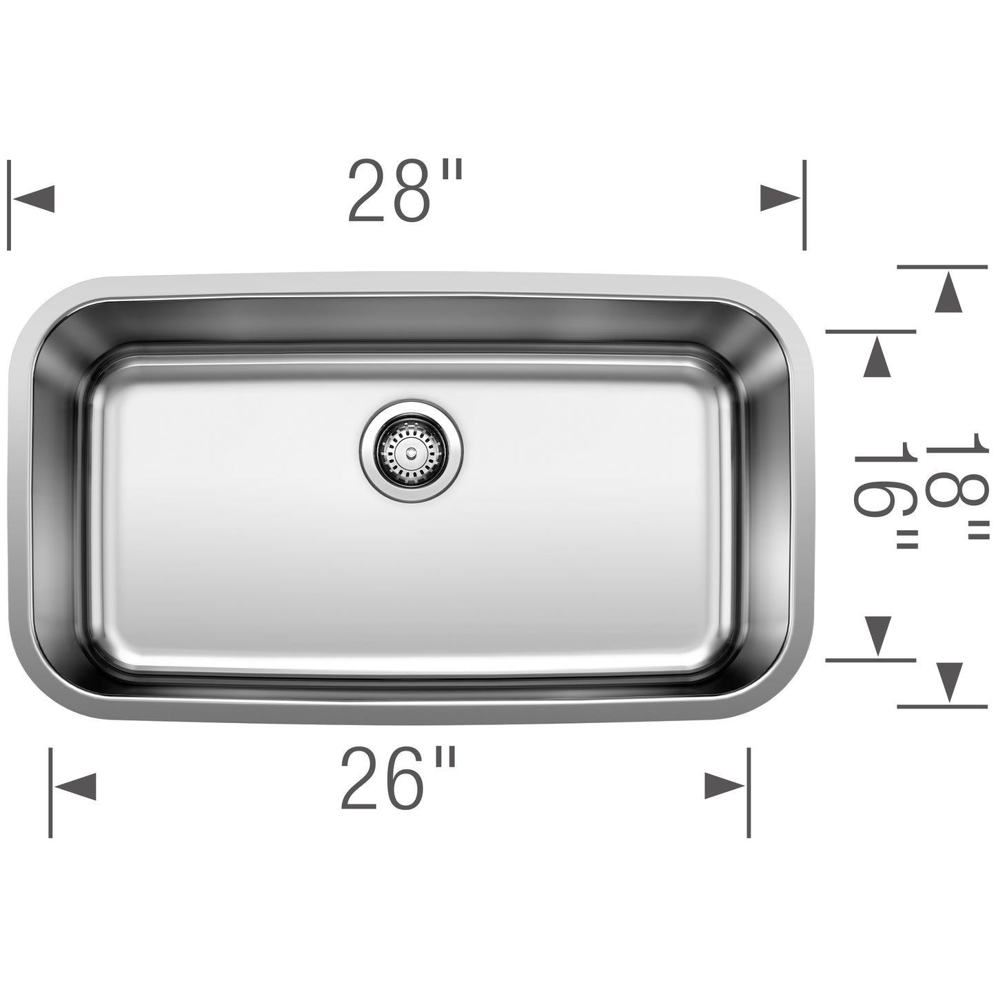 BLANCO Stellar 28" Single Bowl Undermount Stainless Steel Kitchen Sink dimensions showing 28" x 26" x 18".
