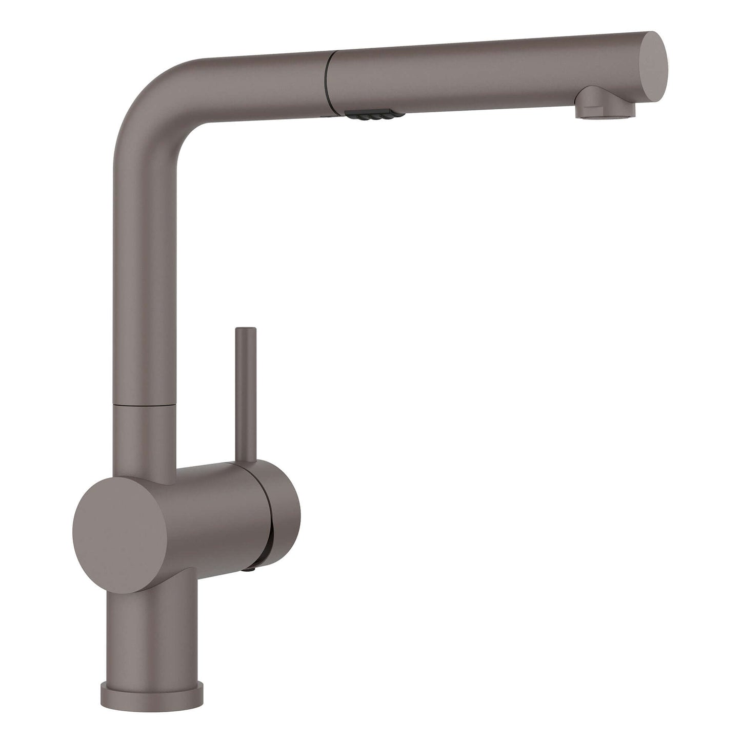 BLANCO Linus Low Arc Pull-Out Dual-Spray Kitchen Faucet - Volcano Gray, compact design for limited clearance kitchens.