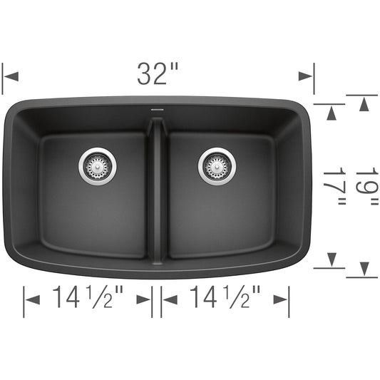 BLANCO Valea SILGRANIT 32" 50/50 Double Bowl Undermount Kitchen Sink with Low Divide