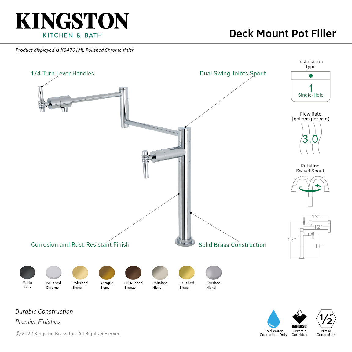 Kingston Brass KS4703ML Milano Deck Mount Pot Filler Faucet, Antique Brass with dual swing joints spout.