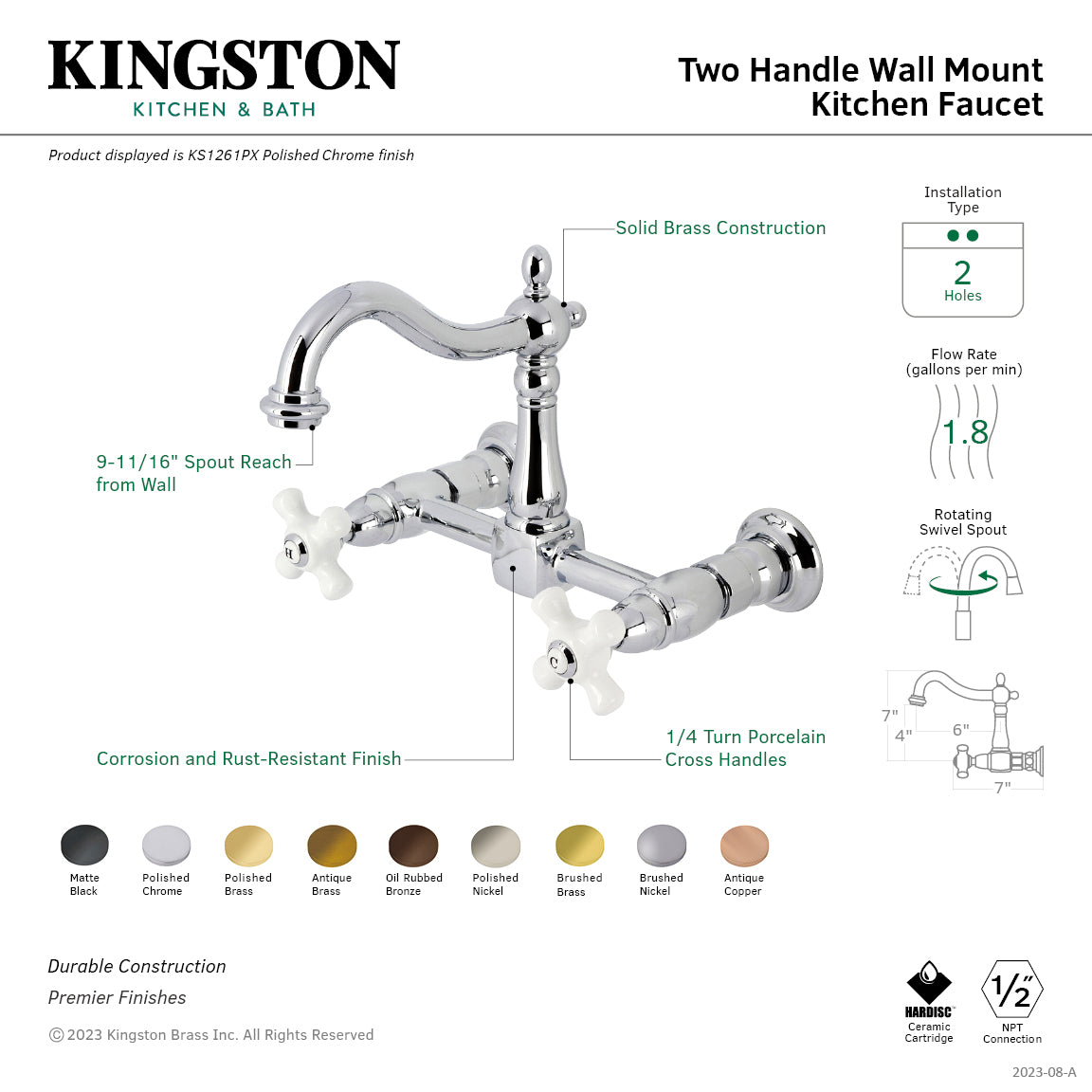 Kingston KS1263PX Heritage Two-Handle Wall Mount Bridge Kitchen Faucet, Antique Brass, featuring solid brass construction and swivel spout.