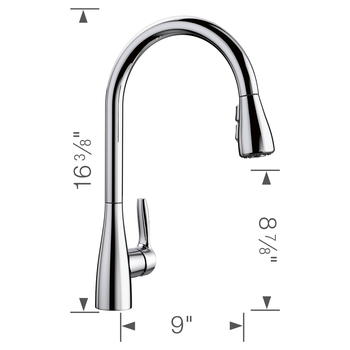 BLANCO Atura Pull-Down Dual-Spray Kitchen Faucet dimensions illustration with high-arc design, chrome finish, and dual-spray functionality.