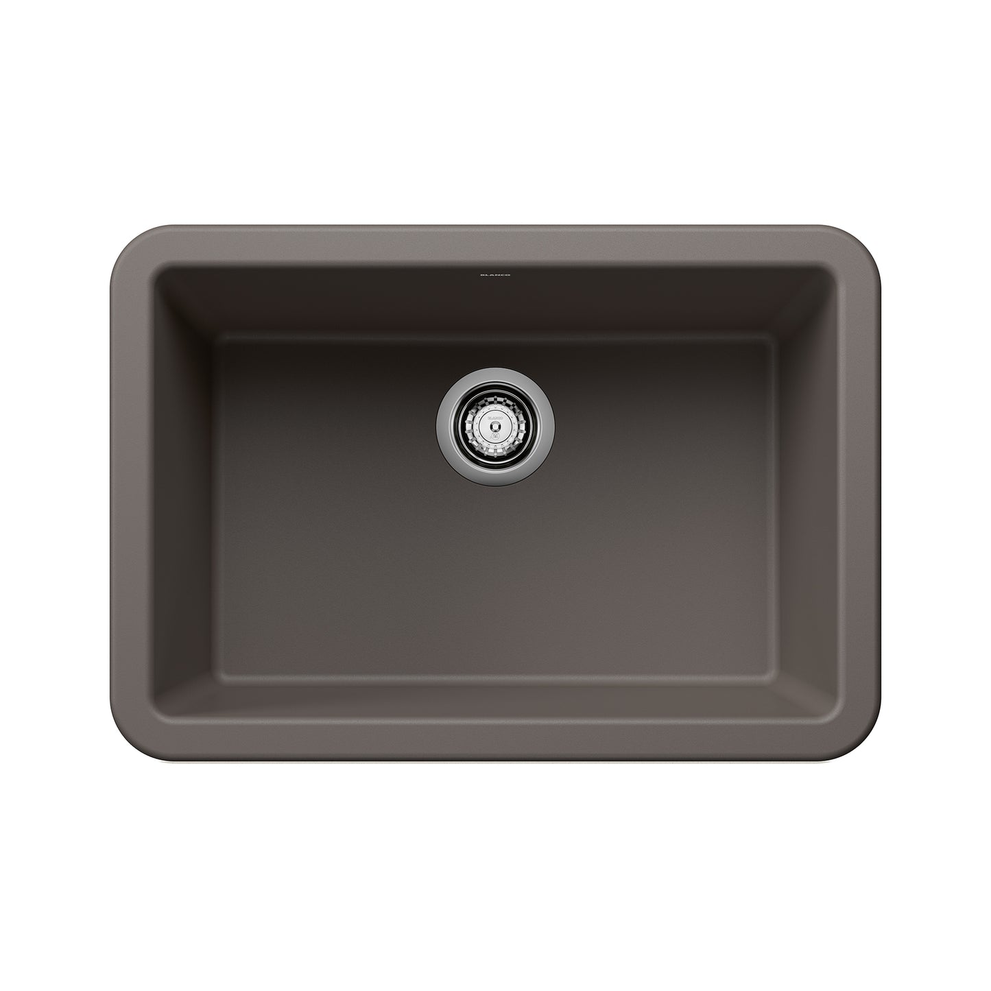 BLANCO Ikon SILGRANIT 27" Single Bowl Apron-Front Farmhouse Sink in a sleek dark color, top view.