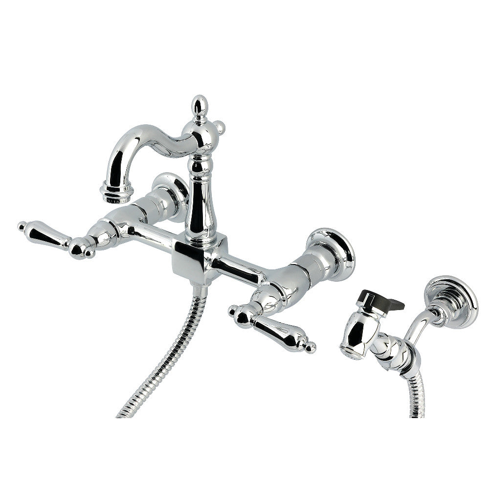 Kingston KS2443ALBS Heritage Two-Handle Wall Mount Bridge Kitchen Faucet with Brass Sprayer, Antique Brass