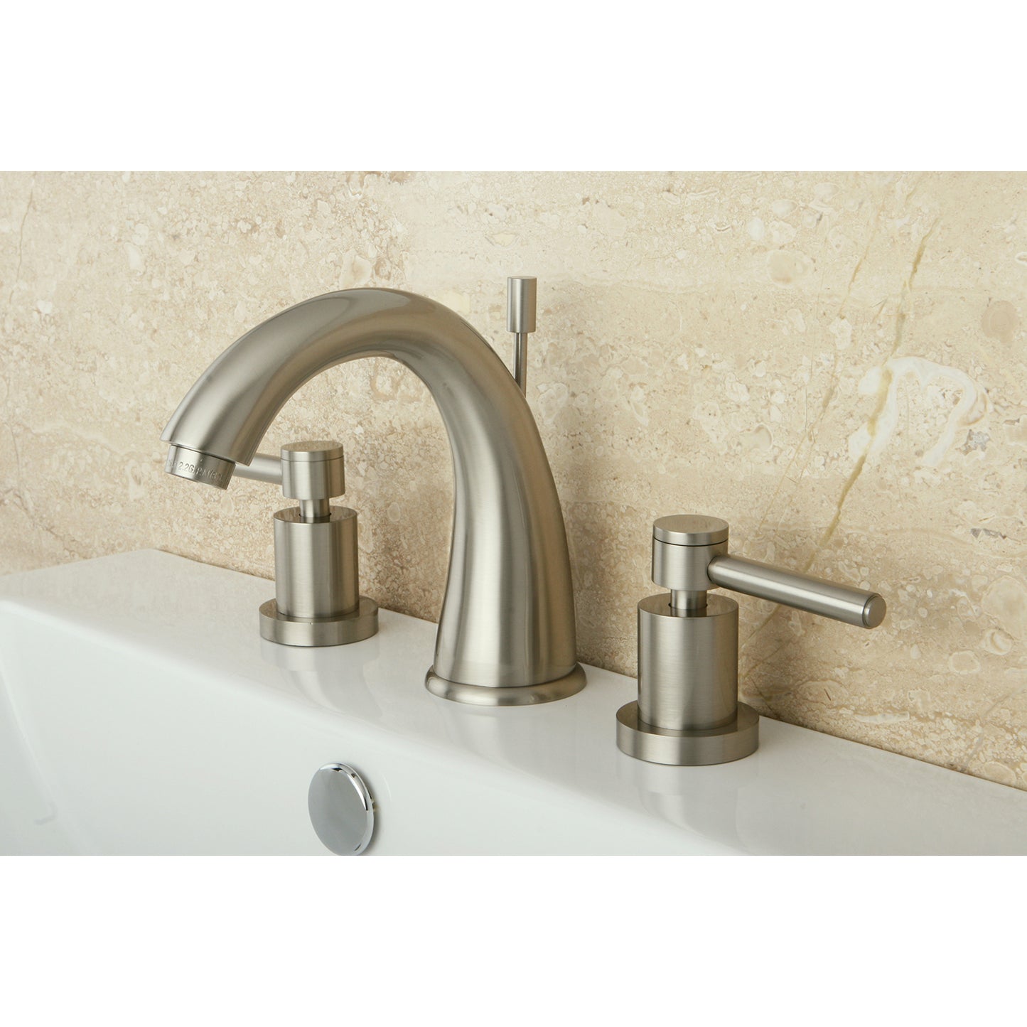 Kingston Brass KS2967DL Concord Widespread Bathroom Faucet left side view showcasing sleek cylindrical design