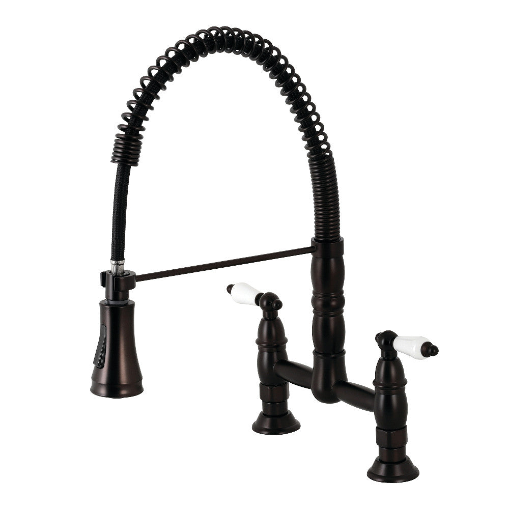 Gourmetier GS1273PL Heritage Double-Handle Deck-Mount Pre-Rinse Bridge Kitchen Faucet, Antique Brass with oil rubbed bronze finish.