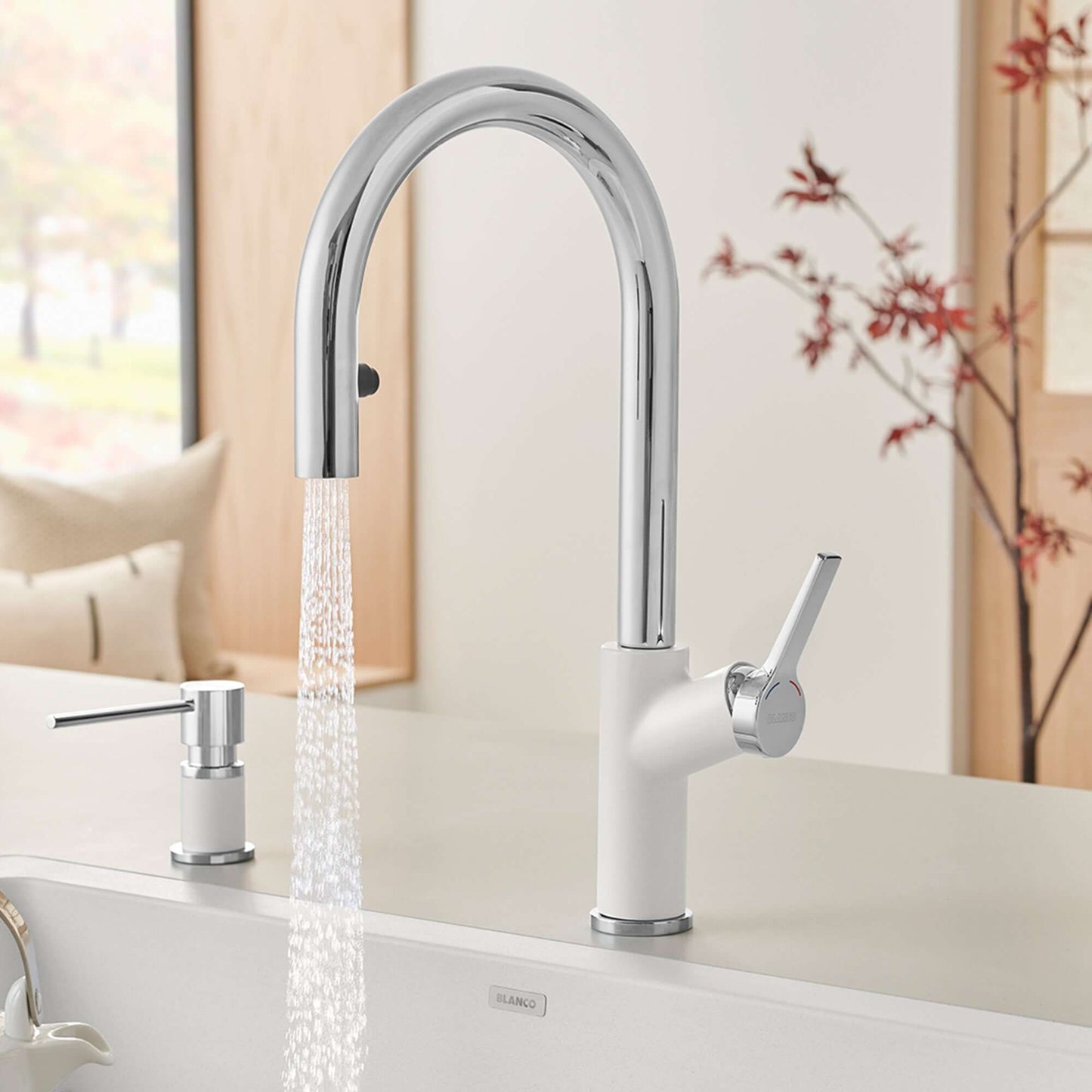 BLANCO Urbena Pull-Down Dual-Spray Kitchen Faucet with modern design and sleek chrome finish.