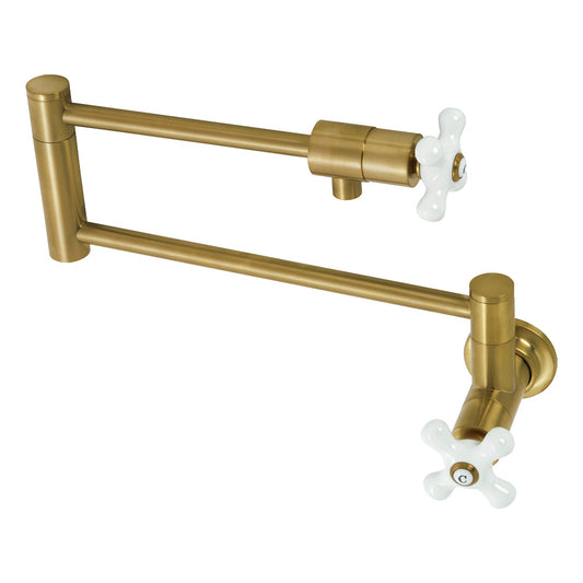 Kingston Brass KS4107PX Metropolitan Wall Mount Pot Filler Faucet, Brushed Brass with foldable swing arms and white handles