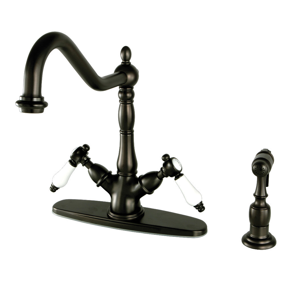 Kingston KS1238BPLBS Bel-Air Two-Handle Kitchen Faucet with Brass Sprayer, Brushed Nickel in oil rubbed bronze finish