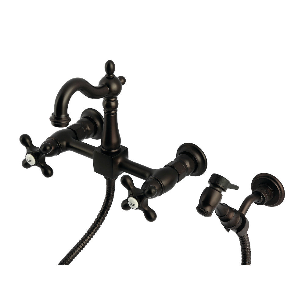 Kingston KS2443AXBS Heritage Two-Handle Wall Mount Bridge Kitchen Faucet with Brass Sprayer, Antique Brass