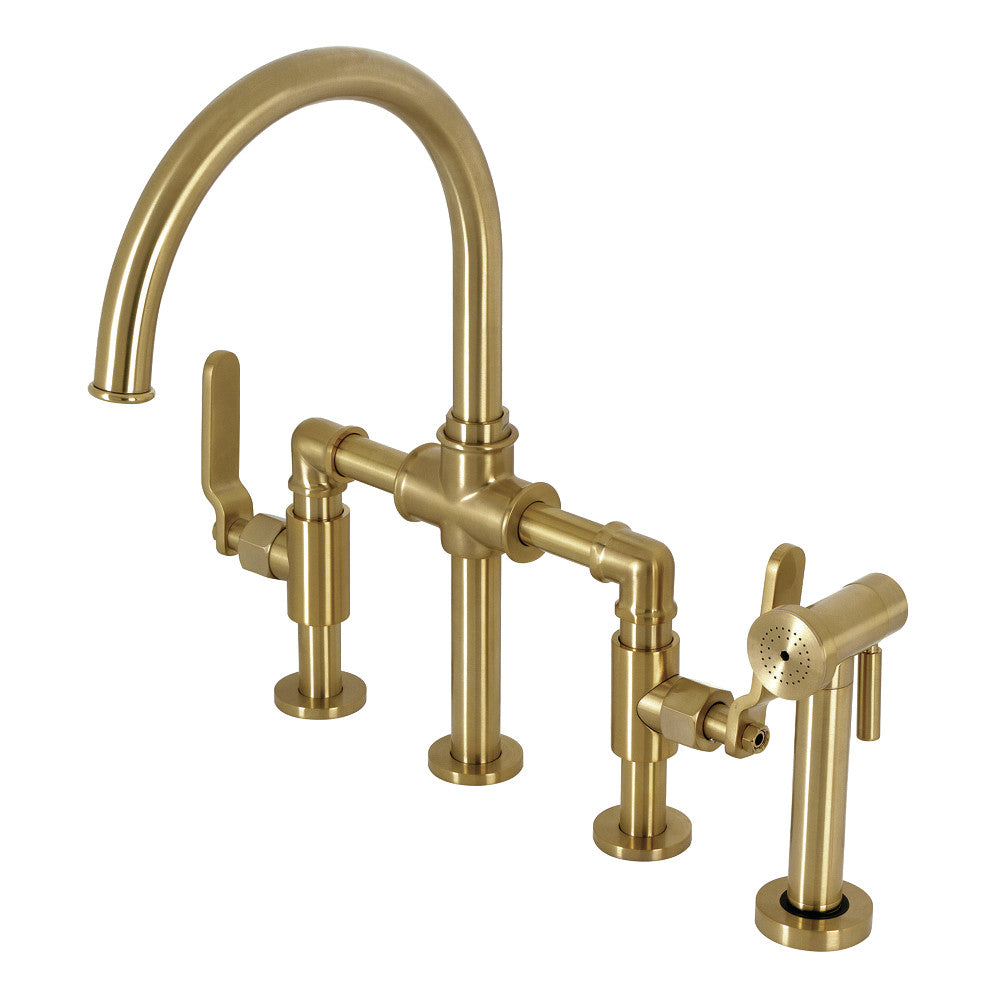 Kingston KS2333KL Whitaker Industrial Style Bridge Kitchen Faucet with Brass Sprayer, Antique Brass