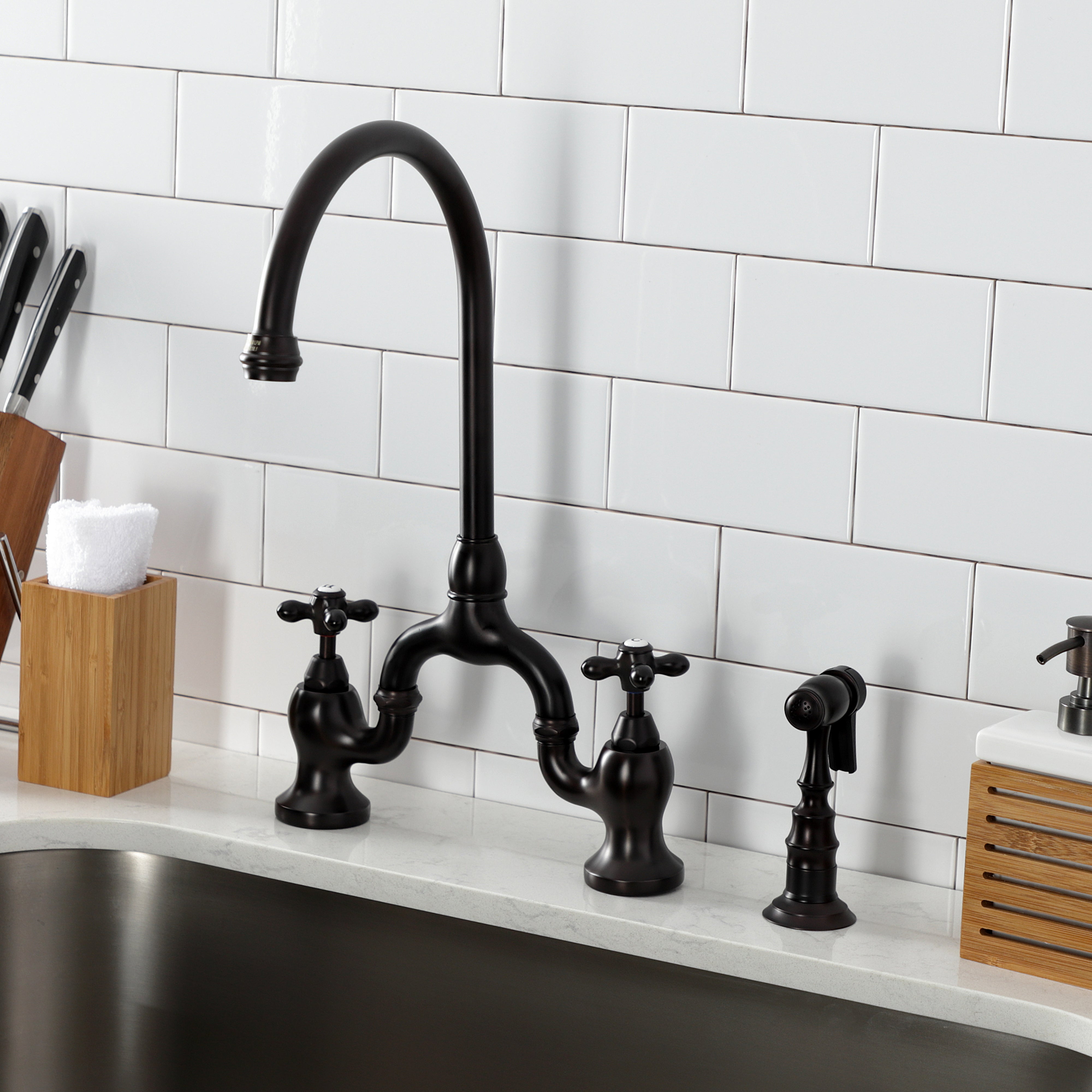Kingston KS7793AXBS English Country Bridge Kitchen Faucet with Brass Sprayer, Antique Brass