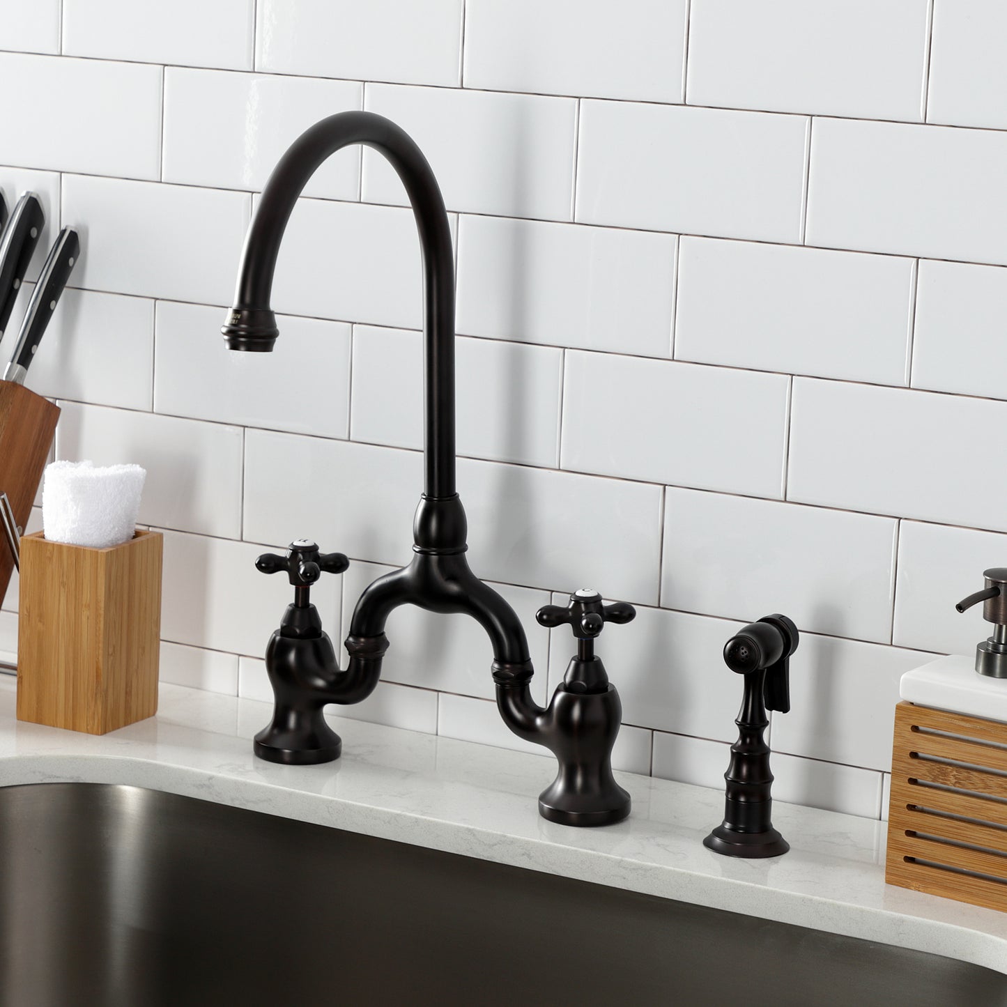 Kingston KS7793AXBS English Country Bridge Kitchen Faucet with Brass Sprayer, Antique Brass