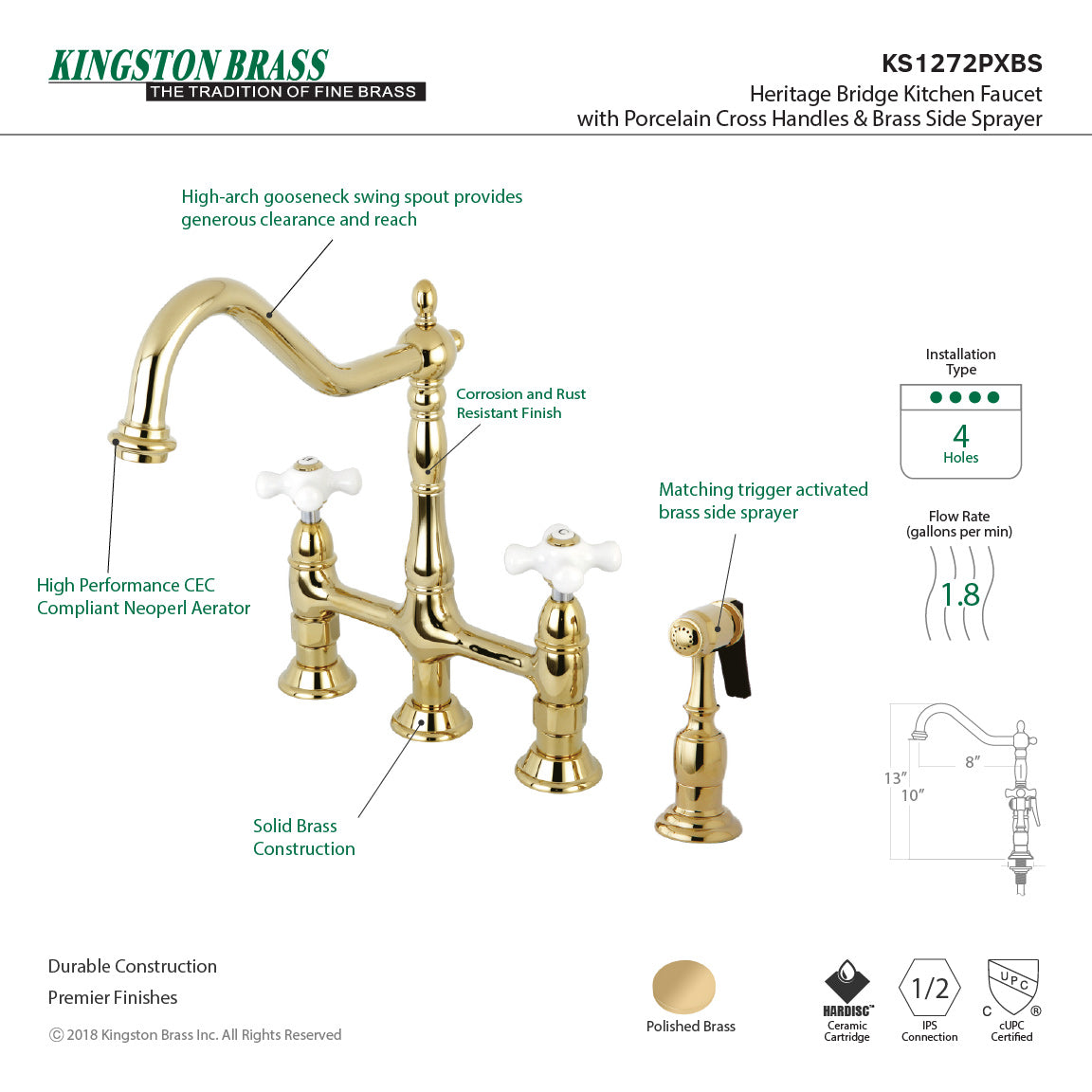 Kingston Brass Heritage Bridge Kitchen Faucet with Brass Sprayer and Cross Handles in Polished Brass finish, featuring a high-arch spout.