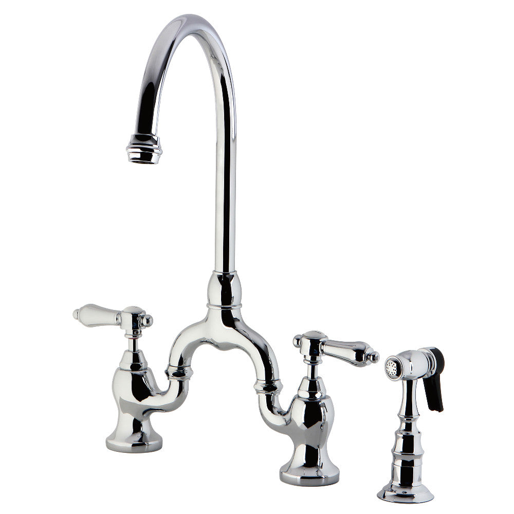 Kingston KS7793BALBS Heirloom Bridge Kitchen Faucet with Brass Sprayer, Antique Brass finish against a polished chrome design.