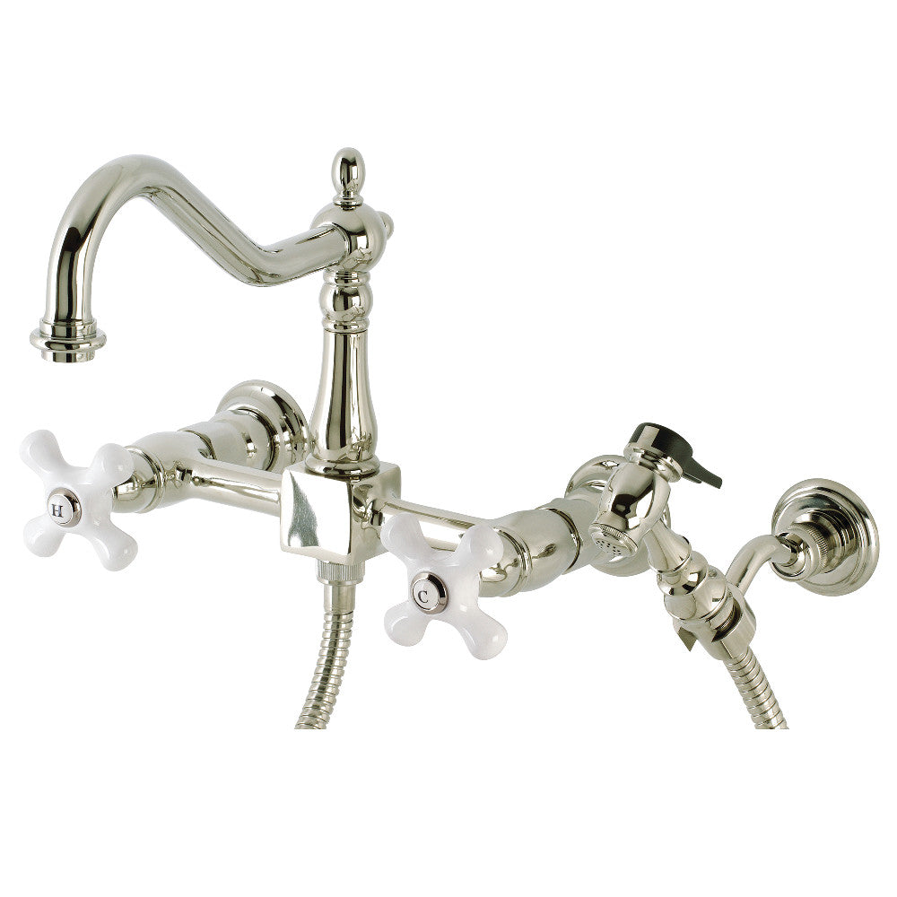 Kingston KS1243PXBS Heritage Two-Handle Wall Mount Bridge Kitchen Faucet with Brass Sprayer, Antique Brass