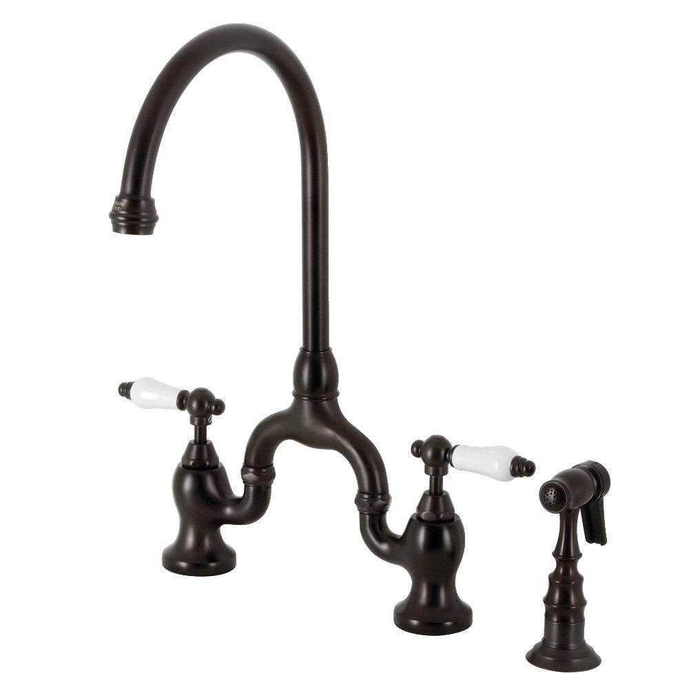 Kingston KS7793PLBS English Country Bridge Kitchen Faucet with Brass Sprayer, Antique Brass, oil rubbed bronze finish.